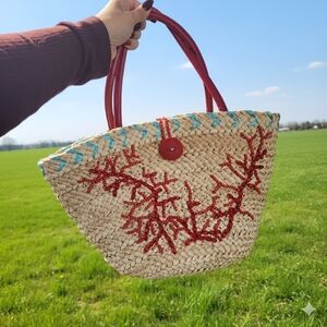 Vintage Woven Straw Raffia Purse Tote Bag Beaded Ocean Red Coral Beach 1970s